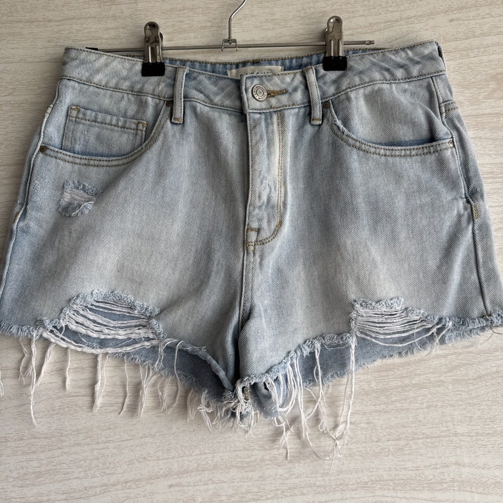 Pacsun high-rise, distressed light-wash denim shorts frayed hem Sz 27